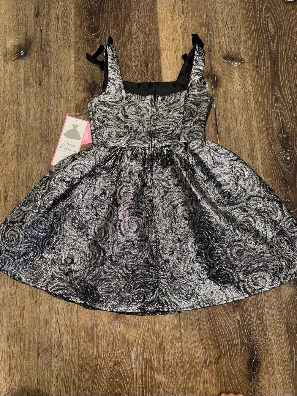 NWT - Rare Edition Metallic Silver Black Rose-Textured Party Dress